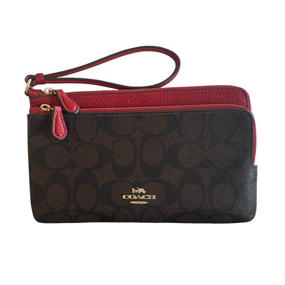 Coach Handbags - COACH C5576 Brown Signature Canvas 1941 Red Leather Double Zip Wristlet Wallet